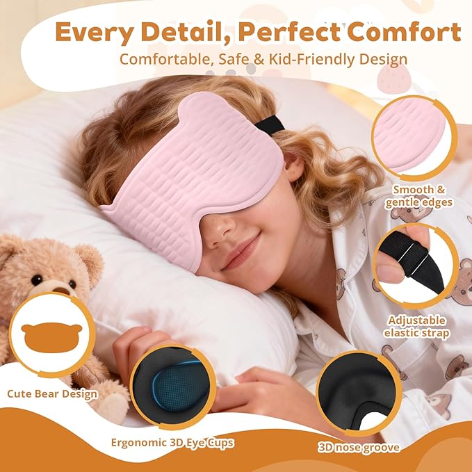 3D Kids Sleep Mask – Cute Bear Eye Mask for Sleeping, Comfortable Memory Foam Sleep Mask for Kids, Adjustable Strap and Lightweight Sleeping Mask for Boys Girls Teens Ages 5-15 (Light Pink) - Bloomnest