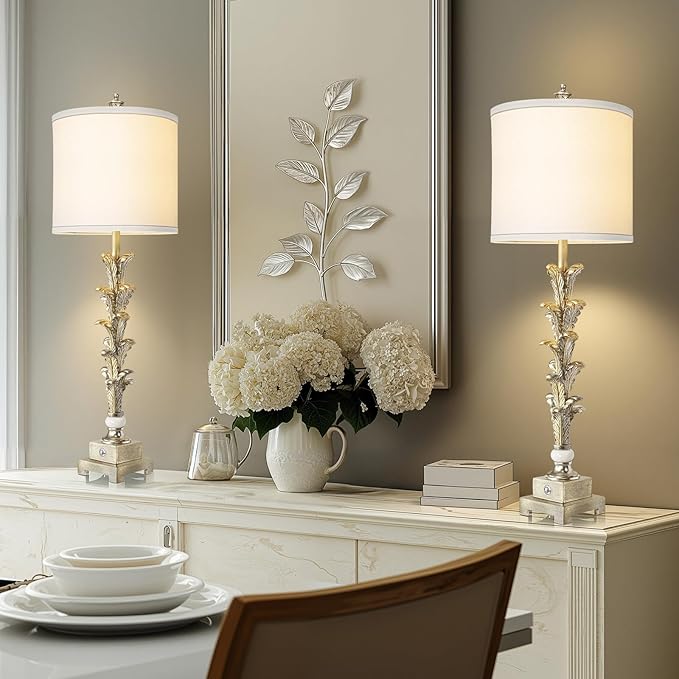33'' Touch Control Table Lamp Set of 2, 3-Way Dimmable Buffet Lamps with USB A+C Ports and White Shade, Silver Leaf Finish Nightstand Lamps for Living Room Bedroom Office Study Dinning (Bulb Included) - Bloomnest