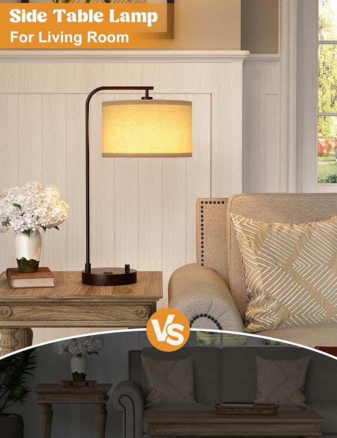 Brown Side Table Lamp with USB Port and Outlet, Dimmable Nightstand Bedside Lamps with Linen Lampshade, Desk Lamp for Bedroom, Living Room, Guest Room, Home Office, LED Bulb Included - Bloomnest
