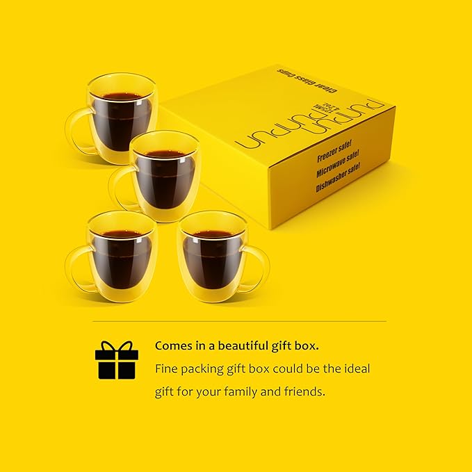 PunPun 12.9OZ. 380ml Clear Coffee Mugs, Glass Cups for Latte, Double Wall Glass with Big Handle, Clear Mugs for Iced Coffee or Hot Beverages, Espresso Cups Each Set of 4 - Bloomnest