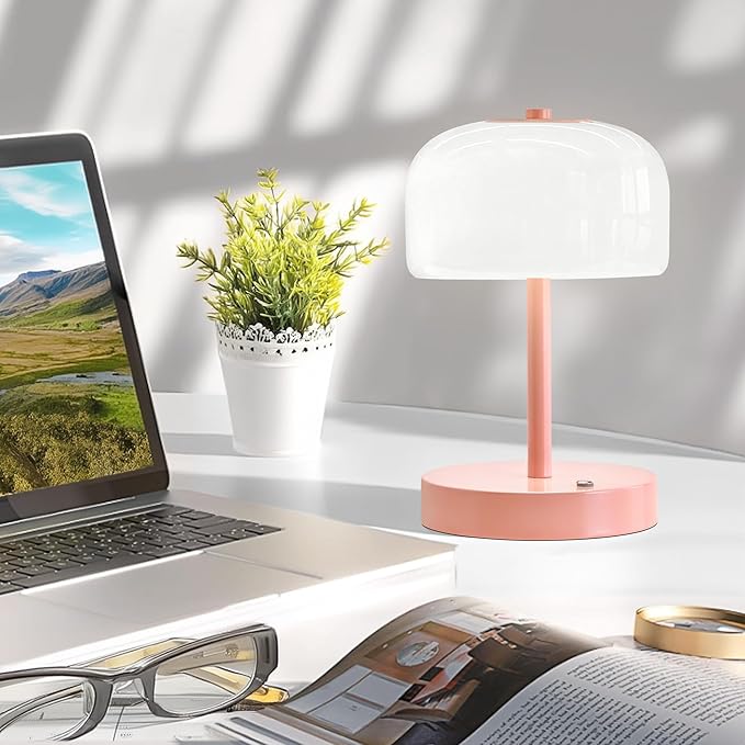 Oneach Portable Cordless Table Lamp, Rechargeable Battery Powered Lamp with Opal Glass Shade, 3-Way Dimmable LED Touch Mushroom Table Lamp for Bedroom, Bedside, Living Room, Dining Room, Patio, Pink - Bloomnest
