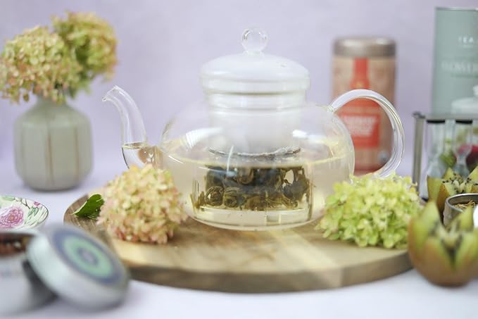 Teabloom Heatproof Glass Teapot Set with Removable Loose Tea Infuser (Standard Size: 32oz/946ml) and Four Borosilicate Glass Teacups (7oz/207ml) - Lead-free Complete Tea Set - Bloomnest