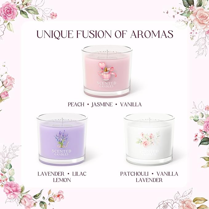 Scented Candles, Scented Candle Gift Set for Stress Relief, 3 Votive Candles for Women and Men, Birthday Candle Gifts for Women, Christmas Candles for Women (Pink + Purple + White, 7 oz) - Bloomnest