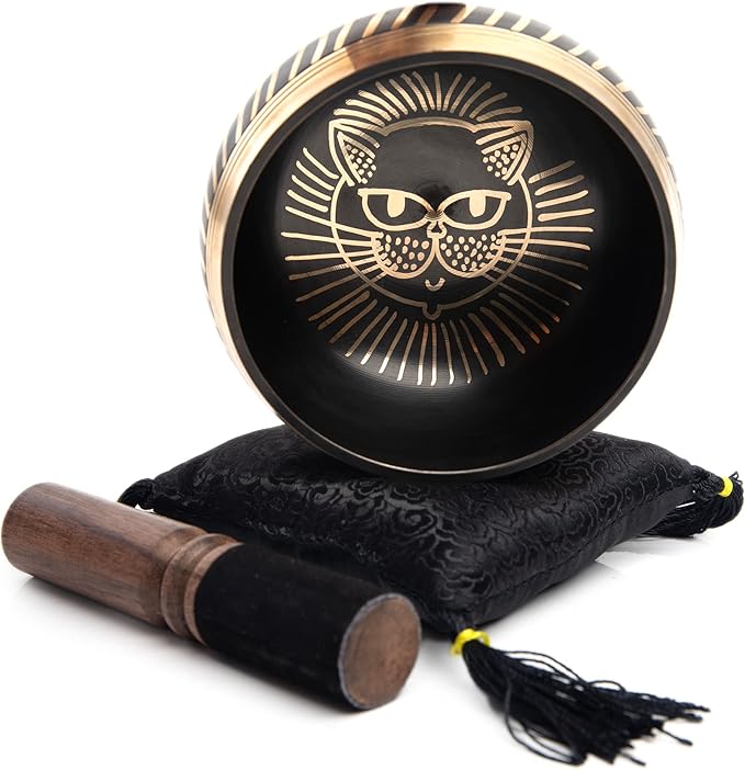 Tibetan Singing bowl Set - Easy To Play Cat Design Meditation Mindful 7 Chakra Sound Healing Handcrated Gift By HIMALAYAN BAZAAR