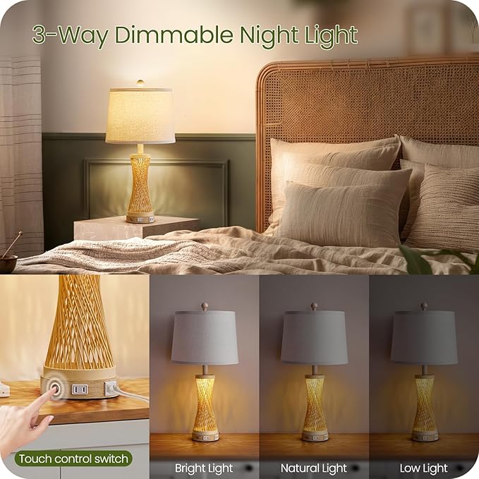 24.4”Farmhouse Rattan Table Lamps Set of 2, Touch Bedside Lamps for Bedroom with Dimmable Night Light, USB A+C Ports, Bamboo Boho Nightstand Lamp with Cream Linen Shade, C04TL05 - Bloomnest