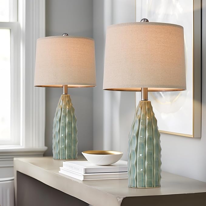Ceramic Table Lamps Set of 2, 23.75" Modern Farmhouse Bedside Lamp - Green Nightstand Lamps for Bedroom, Boho Living Room End Tables, Small Office Desk Lamp Decor - Bloomnest