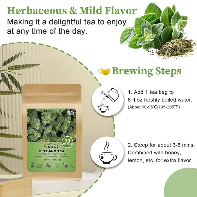 FullChea - Oregano Tea Bags, 30 Teabags, 2g/Bag - Premium Oregano Leaves - Non-GMO - Caffeine-Free - Support Digestion & Boost Immunity - Bloomnest