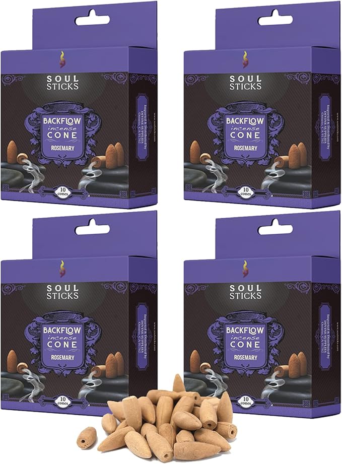 Soul Sticks Backflow Incense Cones – 40 Handmade Organic Cones for Waterfall Burner | 4 Pack Long Lasting Aromatic Scents | Thick White Smoke Incense for Meditation, Yoga & Gifts (Rosemary)