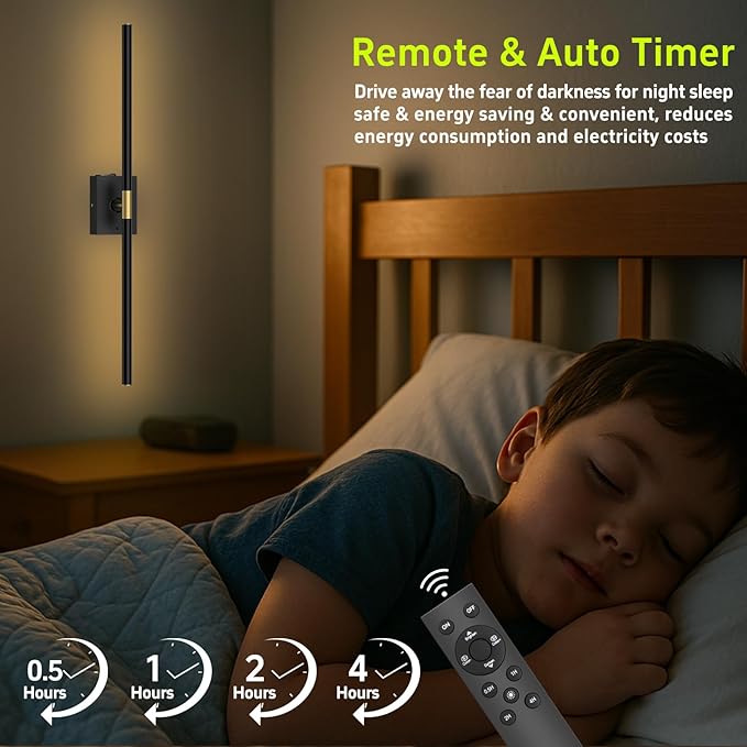 Battery Operated Wall Sconces Set of 2: 10000mAh Rechargeable Wall Lights with Remote Control, 360° Rotate Wireless Wall Scone Decor for TV/Mirror Bedroom Living Room, 31.5 Inch, Black - Bloomnest