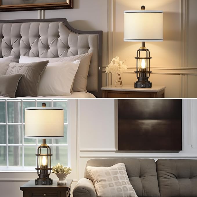 26" Modern Lamp for Living Room, Industrial 3-Way Dimmable Beside Table Lamp with USB A+C Charging Ports & AC Outlet, Touch Control Beside Lamp LED Night Light for Bedroom Single(2 Bulbs Included) - Bloomnest