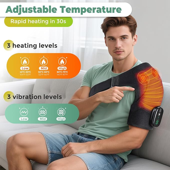 Cordless Shoulder Heating Pad,Heating Pad for Shoulders Heating Pad with Massage,Left Right Heated Shoulder Wrap Brace Chrismas Birthday Gift for Men Women (Black) - Bloomnest
