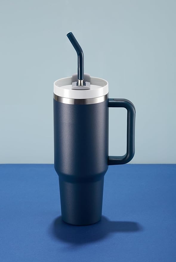 KooK Tumbler with Straw and Handle, 40 Oz, Stainless Steel, Vacuum Insulated Travel Coffee Mug, Reusable Double Walled Water Bottle, Keeps Hot or Cold (Storm Blue) - Bloomnest