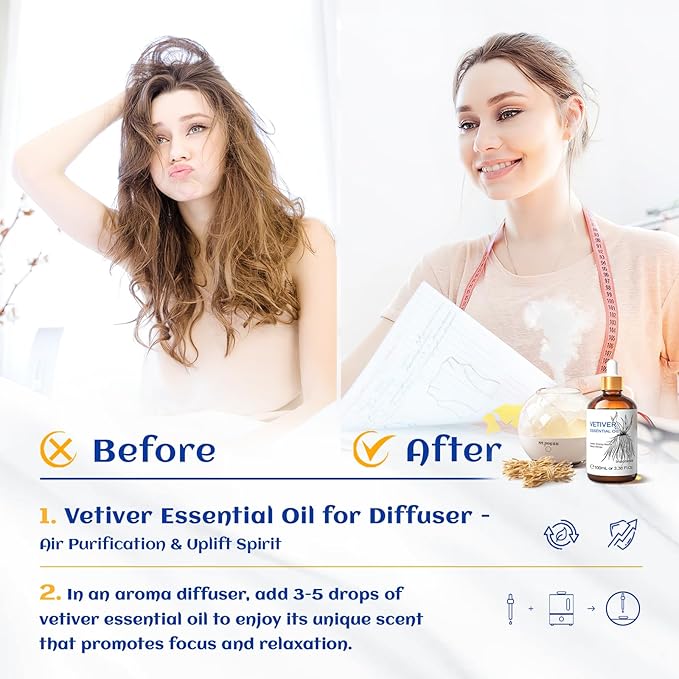 HIQILI 100ML Vetiver Essential Oil, 100% Pure Natural for Diffuser Calm and Relation- 3.38 Fl Oz - Bloomnest
