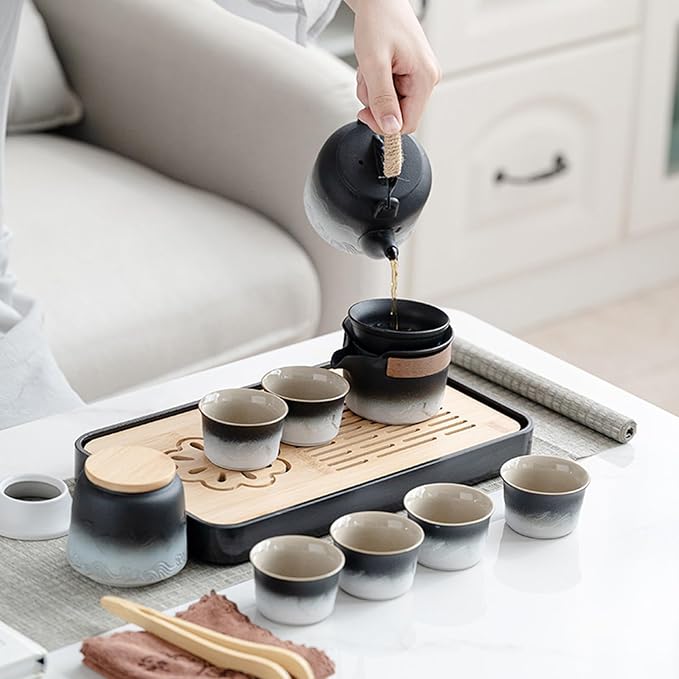 LURRIER Gongfu tea sets, Portable Ceramic TeaSet, Asian Tea sets for adult, Tea Gift sets, Grey leather case, Portable Travel Bag,Home,Gifting,Outdoor and Office(Black and White) - Bloomnest