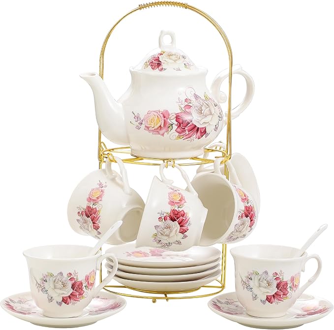 20-Pieces Porcelain Bone china Tea Sets,Gold Rim Coffee Set with Golden Metal Rack,Tea Gift Sets for Home&Party(003) - Bloomnest