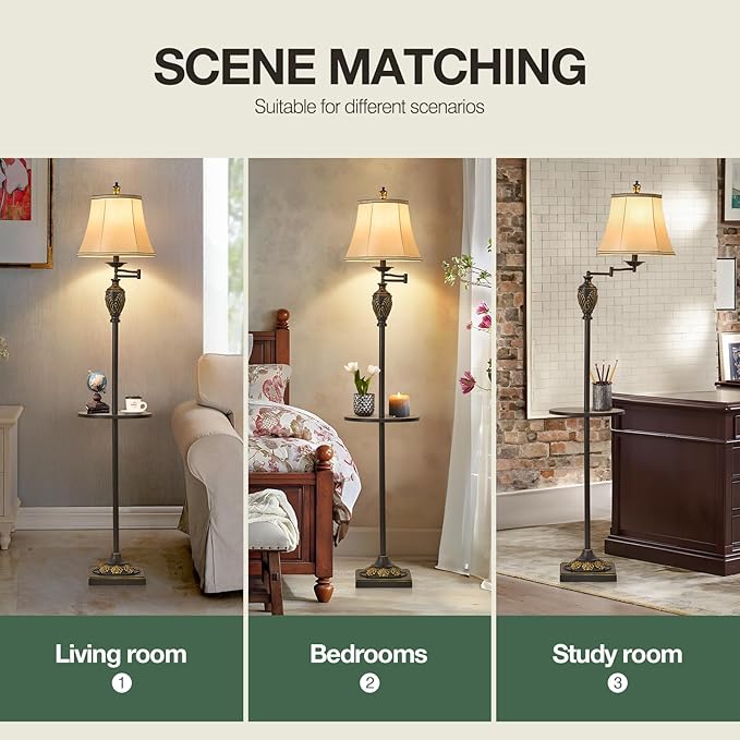 Traditional LED Floor Lamp with 350° Adjustable Swing Arm Lamp – Vintage Standing Pole lamp for Living Room, Bedroom and Office – Rustic Upright Floor Light for Home Décor with Silk Fabric Shade - Bloomnest