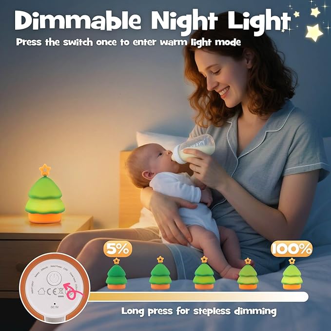Squishy Christmas Tree Night Light with RGB Modes Dimmable Nursery Breastfeeding Nightlight Hangable Cute Christmas Lamp Novelty Rechargeable Silicone Touch Bedside Lamp for Bedroom Dorm Decor - Bloomnest