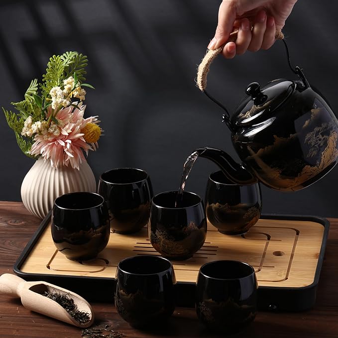Hushee Japanese Tea Set in Gift Box Asian Porcelain Tea Set with 1 Teapot, 6 Cups, 1 Tray, 1 Stainless Infuser, Black Ceramic Chinese Teapot Christmas Winter Gift for Adult Lover - Bloomnest