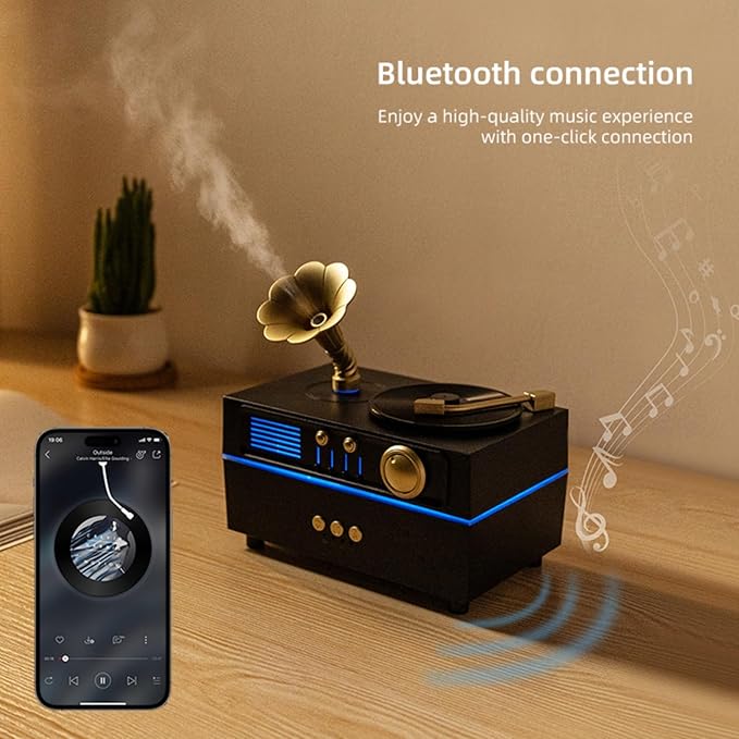 Daroma Essential Oil Diffuser, Retro Phonograph Design with Music Player, 7-Color LED Lights, Low-Noise Aromatherapy Humidifier for Home Office, Unique Gift Idea (Black) DaromaLife