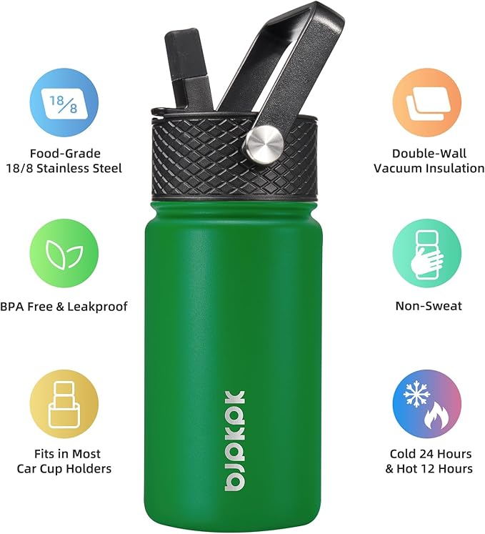 BJPKPK Water Bottle with Straw Lid, 15 oz Insulated Water Bottle, Stainless Steel Metal Water Bottles, Reusable Leak Proof BPA Free Thermo, Flask, Cups, Macaron-Matcha - Bloomnest