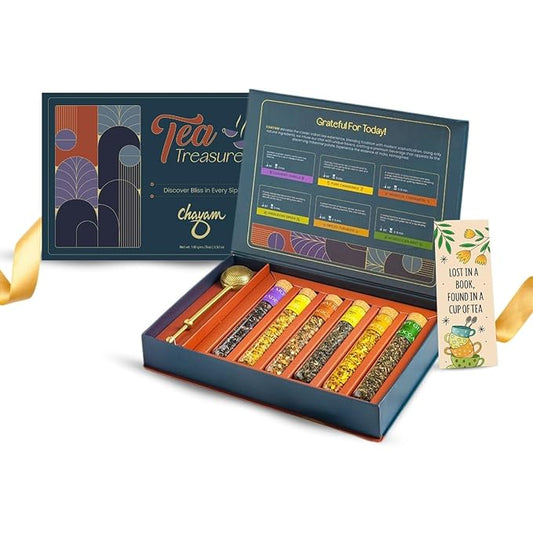 CHAYAM 6 Tube Tea Gift Set | Herbal & Green Loose Leaf Teas in Glass Tubes & a Lead-Free Brass Infuser | Chamomile, Mint, Cinnamon, Turmeric, Lavender & Himalayan Green - Bloomnest