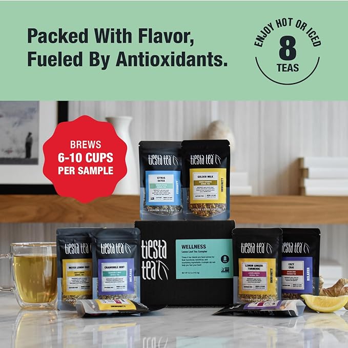 Tiesta Tea - Wellness Tea Sampler Dry Flight Set, Loose Leaf, High to No Caffeine, Makes Hot & Iced, Assorted Brew Sets with Herbal, Chai, Fruit Drinks & More, 8 Resealable Sample Pouches - Bloomnest