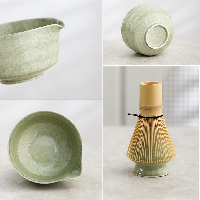 Matcha Set, Japanese Tea Set Includes Matcha Bowl with Spout, Matcha Whisk Holder, Bamboo Matcha Whisk and Bamboo Scoop, 17 oz Mottled Green Glaze Ceramic Matcha Kit for Tea Lovers - Bloomnest