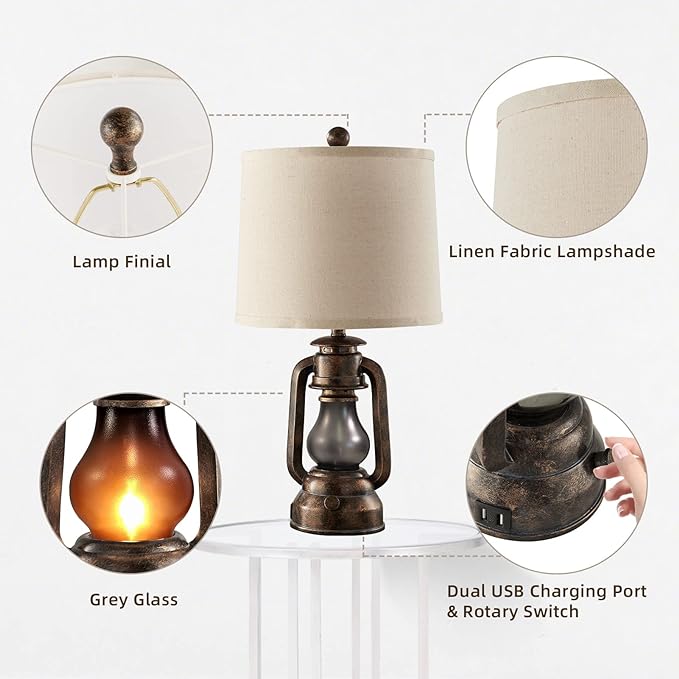 RORIANO Farmhouse Lantern Table Lamps for Living Room Set of 2, Vintage Bedroom Resin Lamp with Dual USB Charging Ports, Rustic Retro Bedside Nightstand Desk Lamp, 4 Bulb Included - Bloomnest