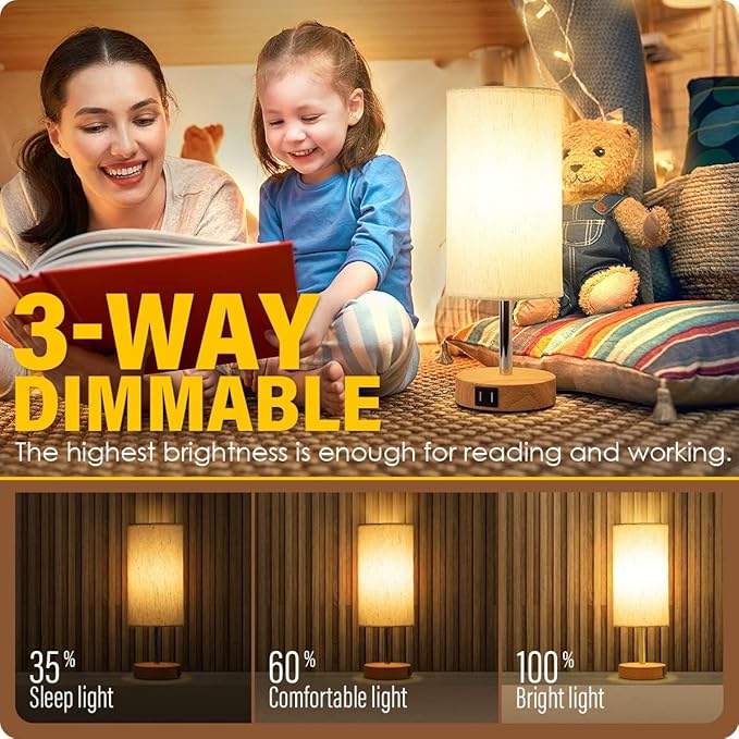 Yarra-Decor Bedside Table Lamp with USB Port - Touch Control for Bedroom Wood 3 Way Dimmable Nightstand Lamp with Round Flaxen Fabric Shade for Living Room, Dorm, Home Office (LED Bulb Included) - Bloomnest