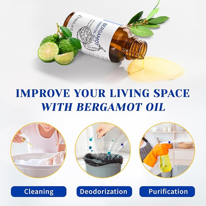HIQILI Bergamot Essential Oil for Diffuser, Skin, Hair, DIY, 100% Pure & Natural, Travel Size - 0.33 Fl Oz (10 mL) - Bloomnest