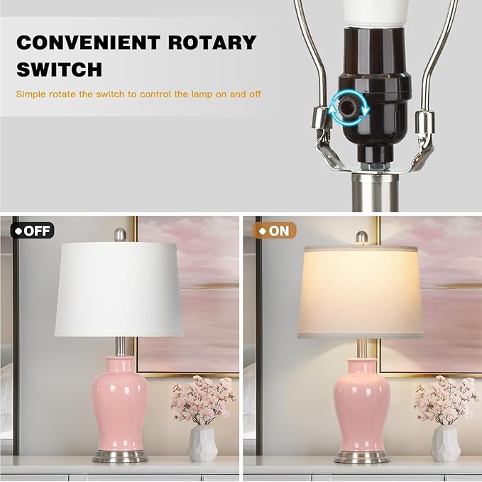 23" Pink Ceramic Table Lamps for Living Room, Modern Ceramic Lamps with Ginger Jar Design, Cute Bedside Lamp Set of 2, Elegant Bedroom Lamp for Nightstand Dining Room Side End Table Homedecor - Bloomnest