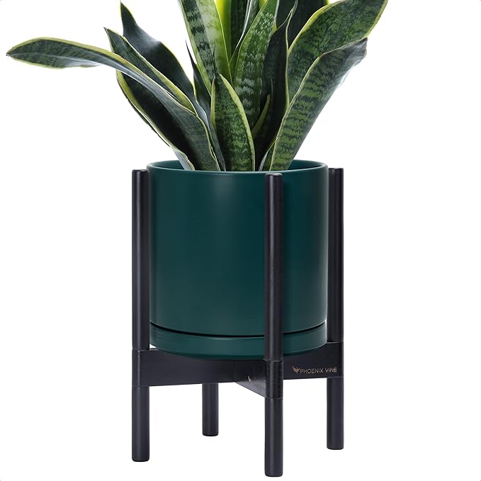 D'vine Dev Ceramic Planter with Ebony Stand - 10 Inch Modern Round Flower Pot with Wood Planter Holder, Teal, 55-B-L-4 - Bloomnest