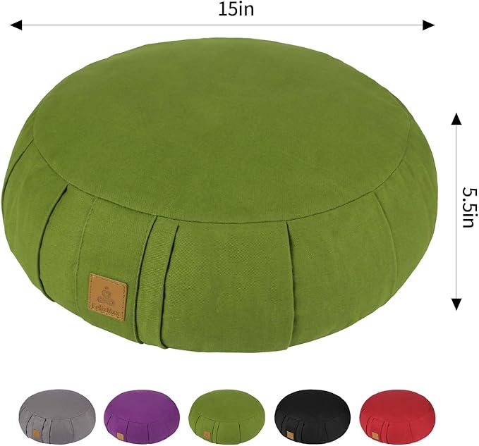 Round Zafu Meditation Cushion, D=15" H=5.5" Zabuton Meditation Pillow, Yoga Bolster/Pillow, Floor seat, Zippered Organic Cotton Cover, Natural Buckwheat, Kneeling Pillow - Bloomnest