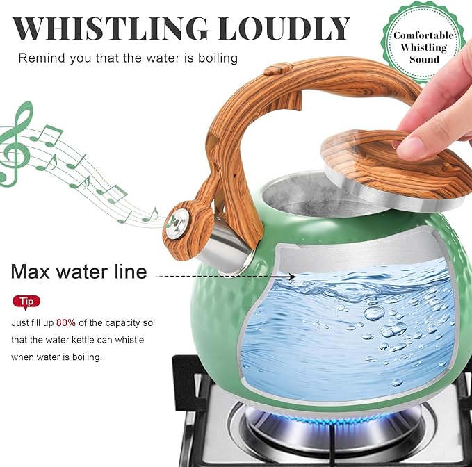 GGC Tea Kettle for Stove Top, Loud Whistling Kettle for Boiling Water Coffee or Milk, 3.1 Quart 3L Heavy Stainless Steel Green Tea Pot with Wood Pattern Handle, Unique Button Control Outlet - Bloomnest