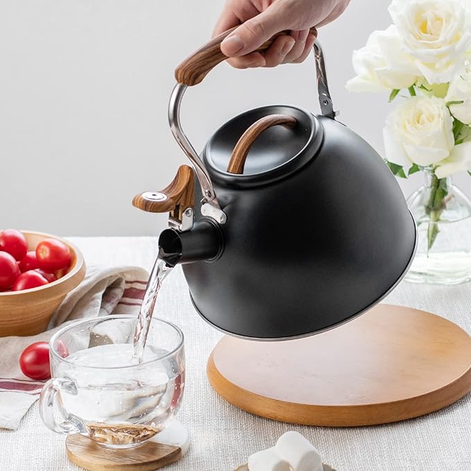 3.2 Quart Whistling Tea Kettle for Stove Top Stainless Steel Tea Pots With Wood Pattern Anti-slip Handle, Black… - Bloomnest