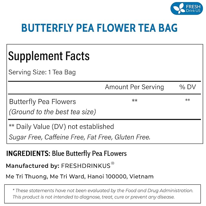 FRESHDRINKUS Premium 55 Butterfly Pea Flowers Tea Bags,100% Pure, Organic, Non GMO, Made With Organic Bags, Sugar/ Caffeine/ Gluten Free, Wildcrafted, Vegan, Handmade Product - Bloomnest