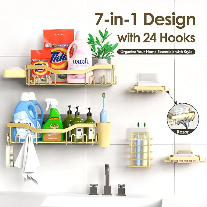 Shower Caddy Adhesive Shower Organizer 7-Pack, Rustproof Stainless Steel Bathroom Shelves, Large Capacity No-Drill Rack Storage Accessories with Soap Dish Toothbrush Holder Hooks - Bloomnest