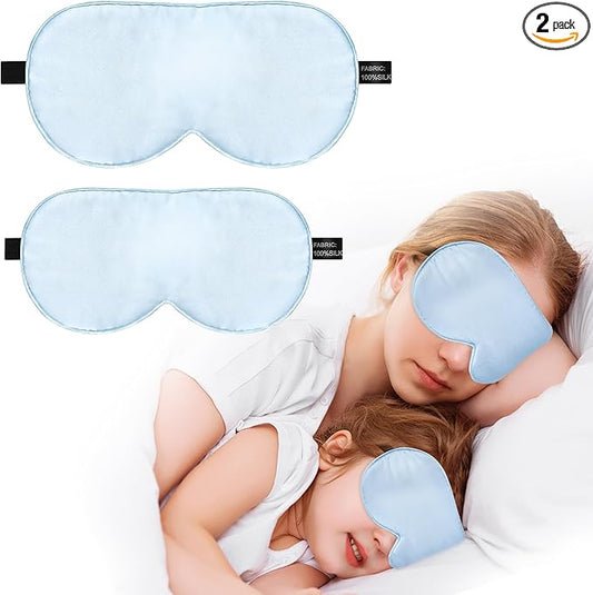 100% Real Natural Silk Eye Mask for Sleeping with Adjustable Strap, 100% Silk Filling Blindfold, Eye Shade for Kids/Teens/Adults, Sleeping Masks for Family (2 Blue) - Bloomnest