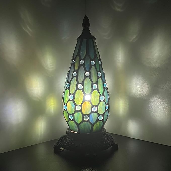 Small Tiffany Lamp Stained Glass Table Lamp 5.5X11 Inch Christmas Tree Lighthouse Mini Accent Memory Sympathy Antique Night Light for Bedroom Living Room (Blue Pearl)