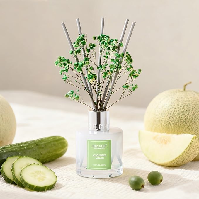 Airkeep Reed Diffuser Set,3.38 fl oz (100 ml) - Cucumber Melon Oil Diffusers with 8 Reed Sticks, Home Fragrance Reed Diffuser for Bathroom Shelf Decor - Bloomnest