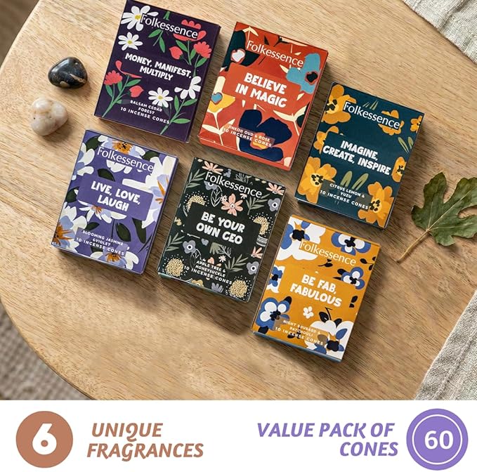 Folkulture Incense Cones (60 Cones) | Set of 6 Premium Fresh Fragrance Insence Cones for Yoga, Meditation, Gifts | No Charcoal, Organic, Non Toxic, Rose & Yuzu Inscents-Cones FOLKULTURE
