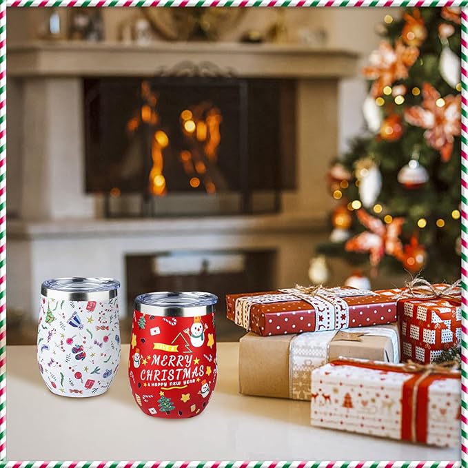 12oz Christmas Wine Tumbler with Lid and Straw,Stainless Steel Insulated Stemless Wine Tumbler Double Wall Vacuum Wine Cups Tumbler Christmas Gifts for Women Men(Xmas Elements,2) - Bloomnest