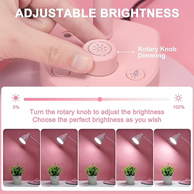 BOHON Cute Desk Lamp with USB Charging Port, Pink Lamp 3 Color Modes Dimmable LED Reading Lamp, Flexible Gooseneck Auto Dimming Table Task Light for Home Office Dorm Bedside, Pink - Bloomnest