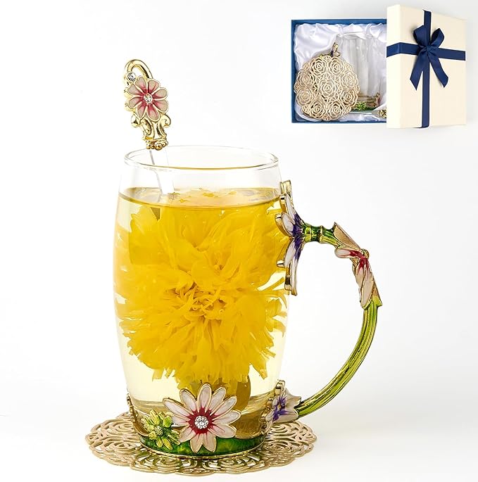Flower Tea Cup ,Daisy Flower Clear Glass Fancy Coffee Mug with Spoon,Gift Box for Her Mom Wife Grandma Girls Friends Valentines Christmas Birthday Present Idea for Juice,Hot And Cold Drinks Use - Bloomnest