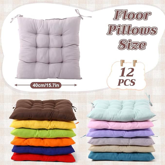 Geetery 12 Pcs Floor Pillows for Classroom Bulk Square Seating Cushions for Floor Chair School Kindergarten Reading Corner, 15.7'' Large Thick Meditation Cushions Yoga Nursery Daycare (Multicolor) - Bloomnest