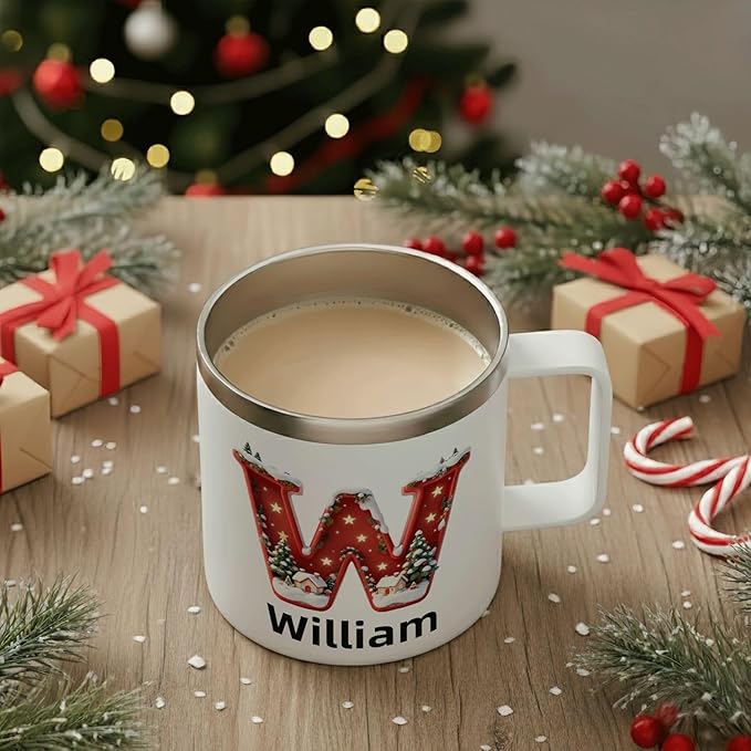 Personalized Christmas Mug | Custom Starry Night Village Initial Insulated Coffee Cup with Handle & Lid | 12oz Festive Red Holiday Tumbler, Unique Gift (B10) - Bloomnest