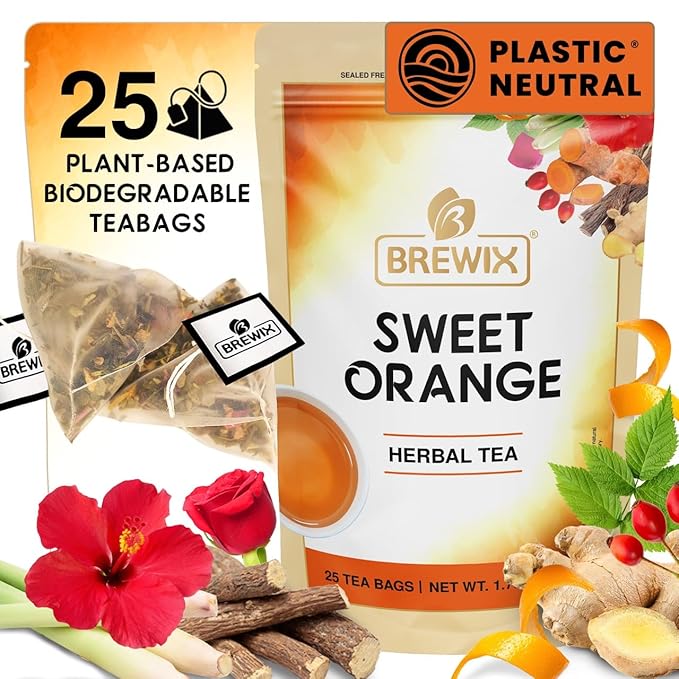 BREWIX, Sweet Orange Hibiscus Tea Bags (25 Pyramid Tea Bags) Caffeine-Free Herbal Tea | Ginger, Hibiscus, Spearmint, Rosehip, Turmeric | Supports Daily Balance & Calm | For Health & Wellbeing | Iced and Hot - Bloomnest