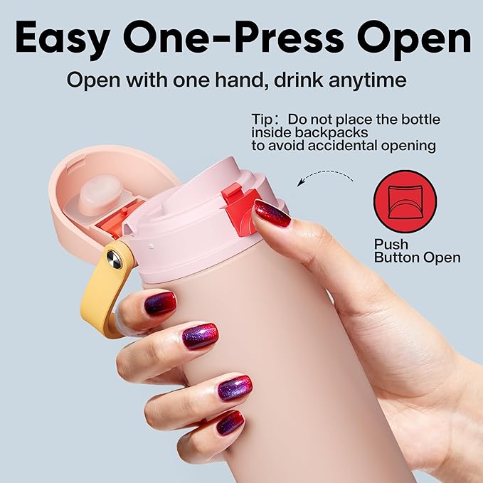 Insulated Water Bottle with Straw - Encool Stainless Steel Water Bottle with Push Button Lid, Leak-Proof & BPA-Free, Keeps Cold for 24 Hours for Sports, Travel, Gym (24 oz, Pink Daisy-Red) ENCOOL