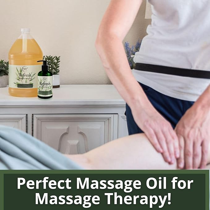 Refresh Massage Oil for Massage Therapy with Eucalyptus & Peppermint Essential Oils - All Natural Sore Muscle Relief. Ideal for Full Body Relaxation – Nut Free Formula 8oz - Bloomnest