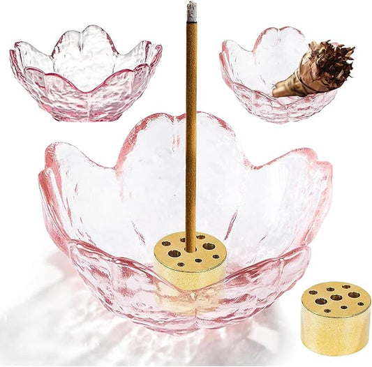 Incense Holder for Sticks and Backflow Incense, Handmade Glass Cherry Blossom Incense Stick Holder with 9 Incenses Holes Incenses Burner Ash Catcher Ideal for Incenses Burning, Home & SPA Decor - Bloomnest